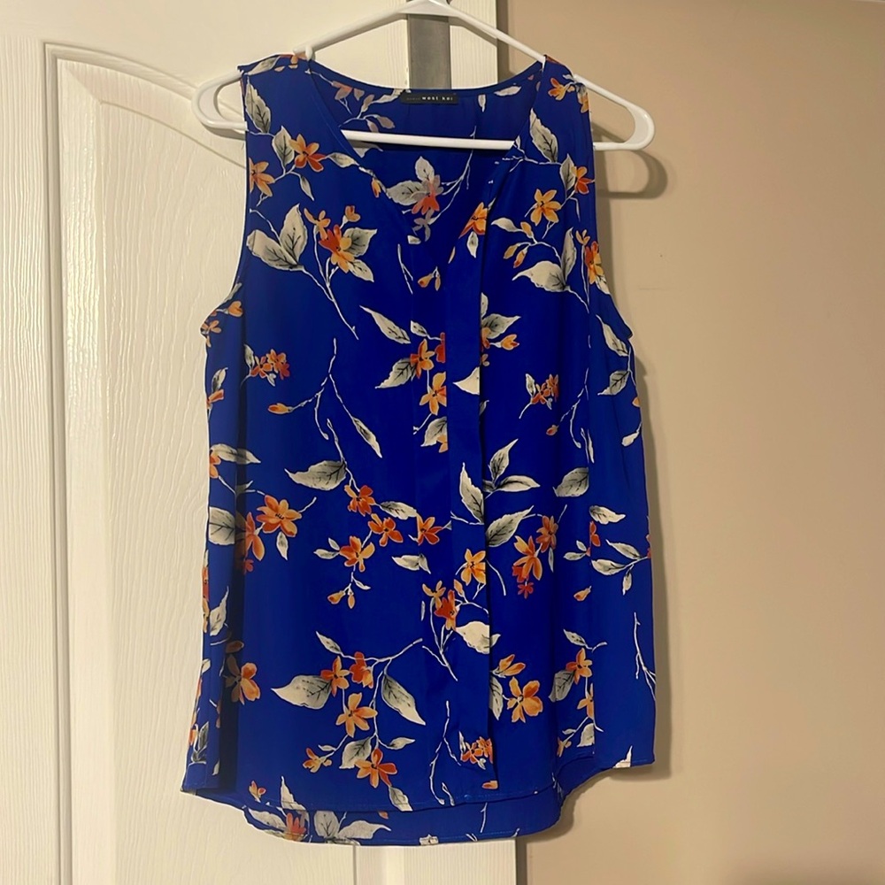 Cobalt Blue Floral Dressy Sleeveless Top with pleated front detail. Stitch Fix